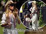 Millie Mackintosh wears boho ensemble and a straw cowboy hat as she films a mystery project in a West London park with her daughters Sienna, 4, and Aurelia, 2