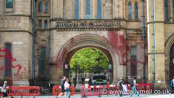 Manchester University's 137-year-old museum is daubed with blood-red paint opposite where pro-Gaza student encampment is set up