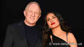 Salma Hayek stuns in a black off-the-shoulder dress as she arrives at the Gucci Cruise 2025 fashion show with husband François-Henri Pinault