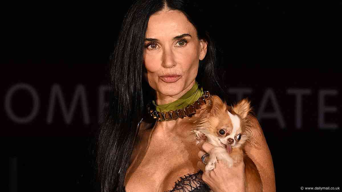 Demi Moore, 61, showcases her ageless good looks in a busty sheer lace dress with her chihuahua Pilaf at the Gucci show in London