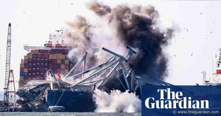 Baltimore bridge controlled explosion: army blows up collapsed section – video