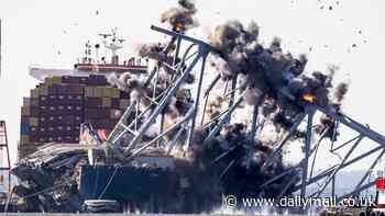 Baltimore's Key bridge is blown up in controlled explosion and sends trusses stuck on grounded Dali container ship plummeting into water