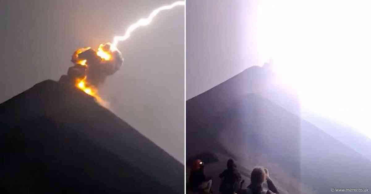 Video shows spectacular moment Volcán de Fuego struck by lightning as it erupts