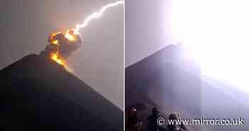 Video shows spectacular moment Volcán de Fuego struck by lightning as it erupts