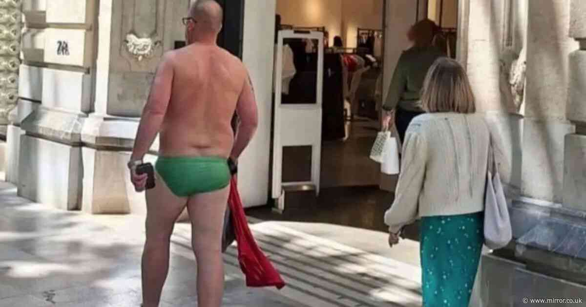 ‘Arrest this tourist!’ cry locals after holidaymaker goes shopping in Majorca in just tight green trunks