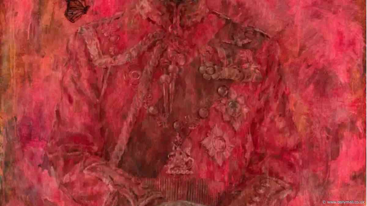 King Charles unveils red, fiery painting of himself as his first post-Coronation portrait by artist Jonathan Yeo who included butterfly to capture his 'metamorphosis from Prince to King'