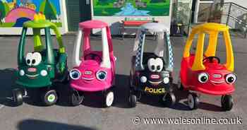 Kids loved playing in these cute ride-along cars in memory of a pupil who died, until thieves 'destroyed them'
