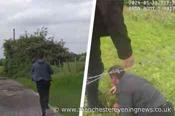 Moment 'prolific burglar' is chased across farmer's field after abandoning stolen Range Rover