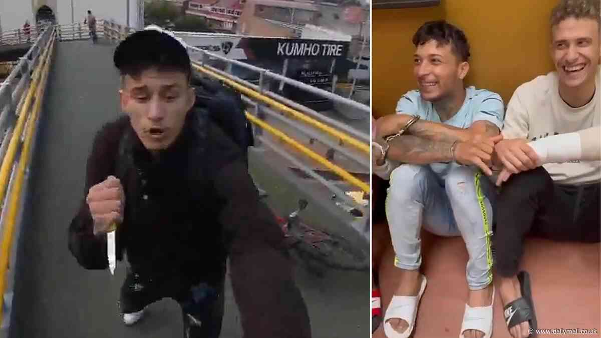 Bizarre moment thieves wanted to stealing $15,000 bicycles laugh at cops after they were taken into arrested in Colombia