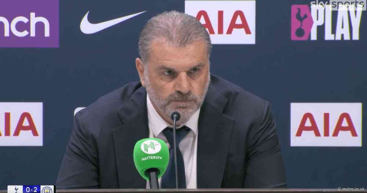 Ange Postecoglou reacts to Tottenham fans chanting about Arsenal during Manchester City defeat