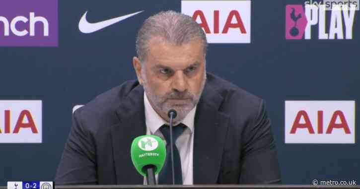 Ange Postecoglou reacts to Tottenham fans chanting about Arsenal during Manchester City defeat