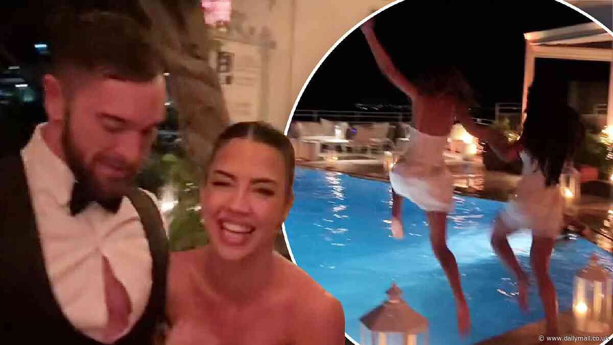Tobi Pearce and new wife Rachel Dillion slammed for ruining their expensive wedding outfits by jumping in the pool at their reception