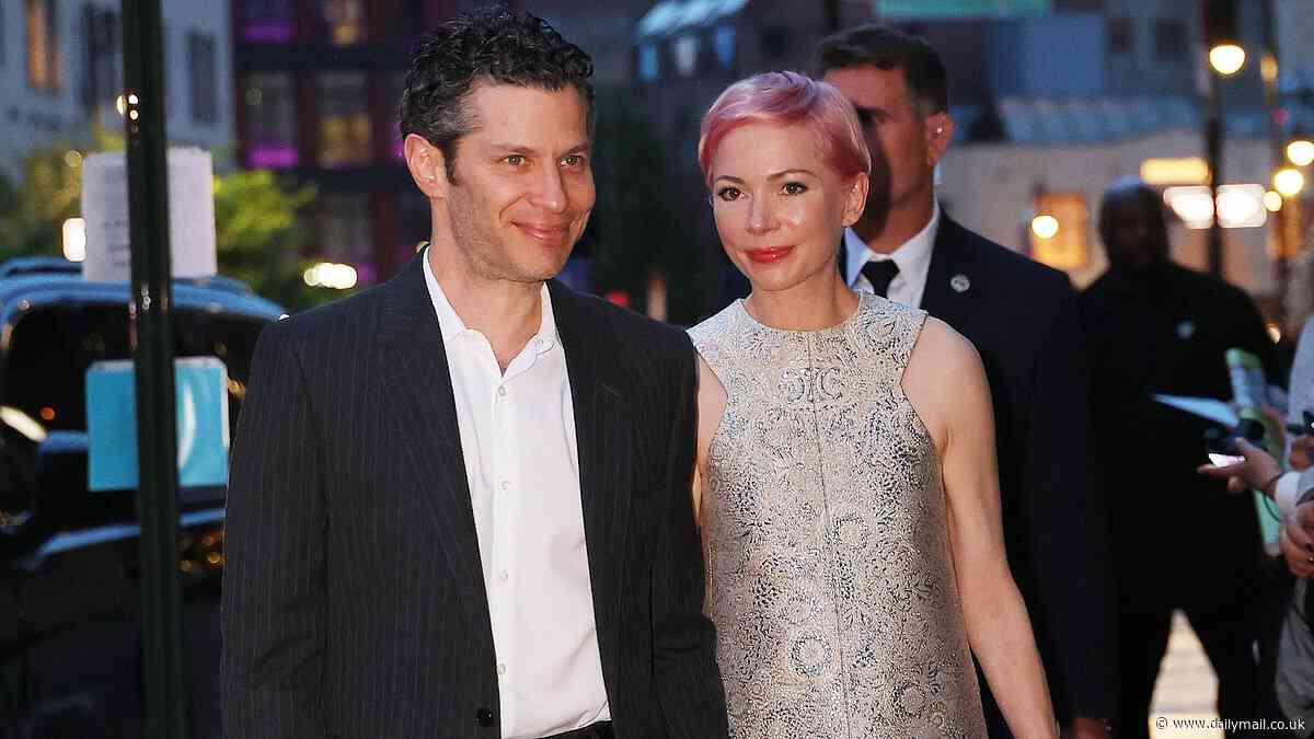 Michelle Williams is leggy in a silver shift dress with husband Thomas Kail at Disney Upfront afterparty in NYC