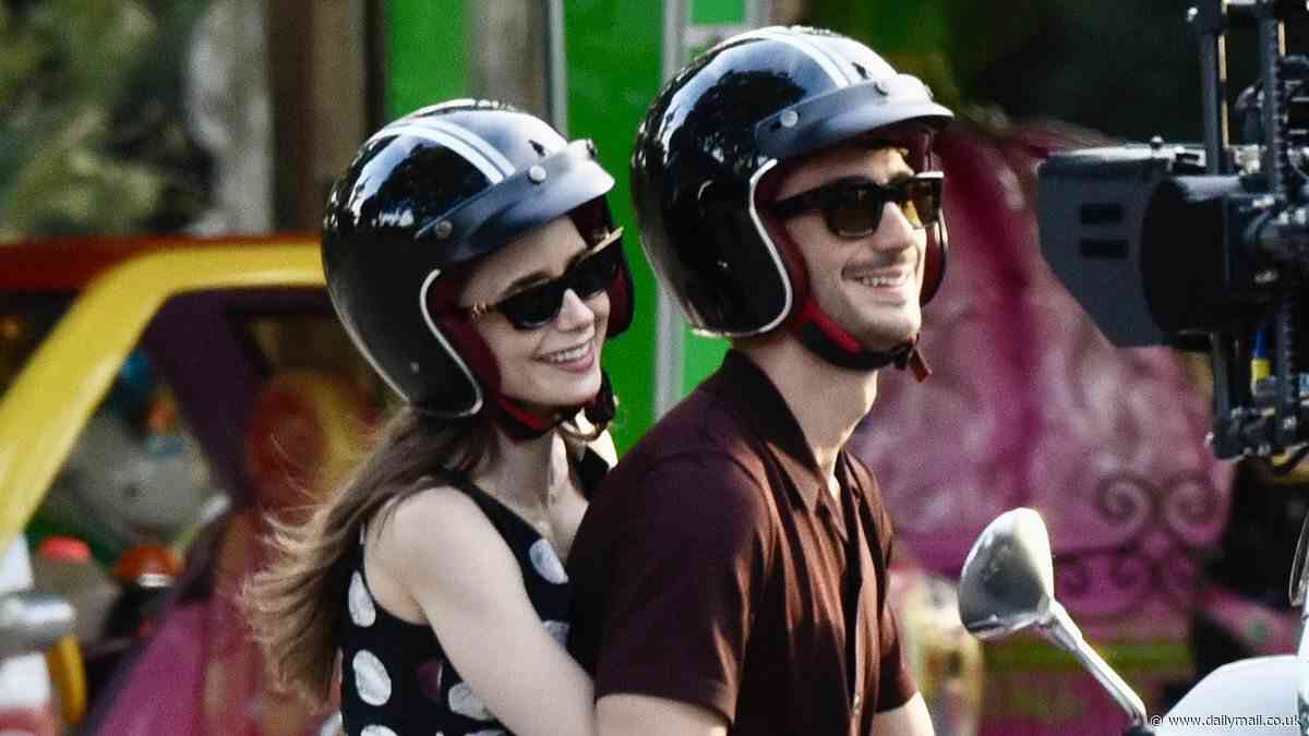 Lily Collins and Eugenio Franceschini cosy up on a Vespa as they ride through the streets of Rome during Emily In Paris scene - resembling THAT Lily James and Dominic West scandal