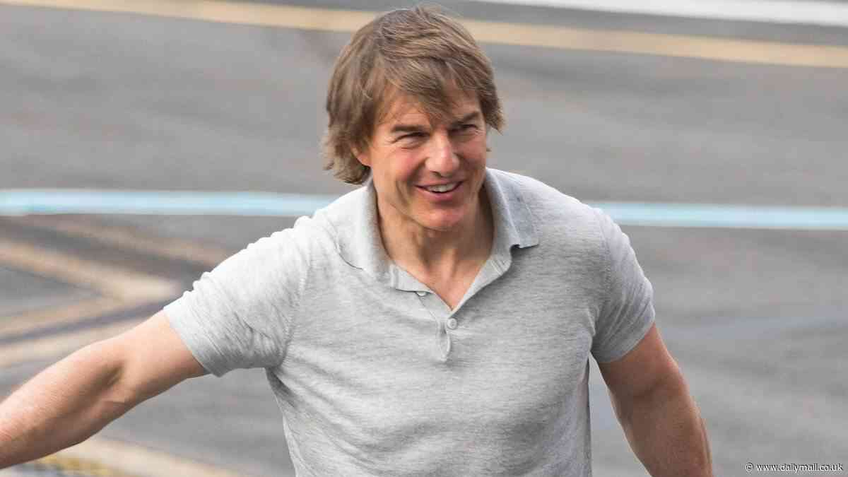 Tom Cruise, 61, covers his modesty in a casual grey polo shirt as he arrives at London Battersea Heliport after showing off his ripped physique in THAT shirtless snap