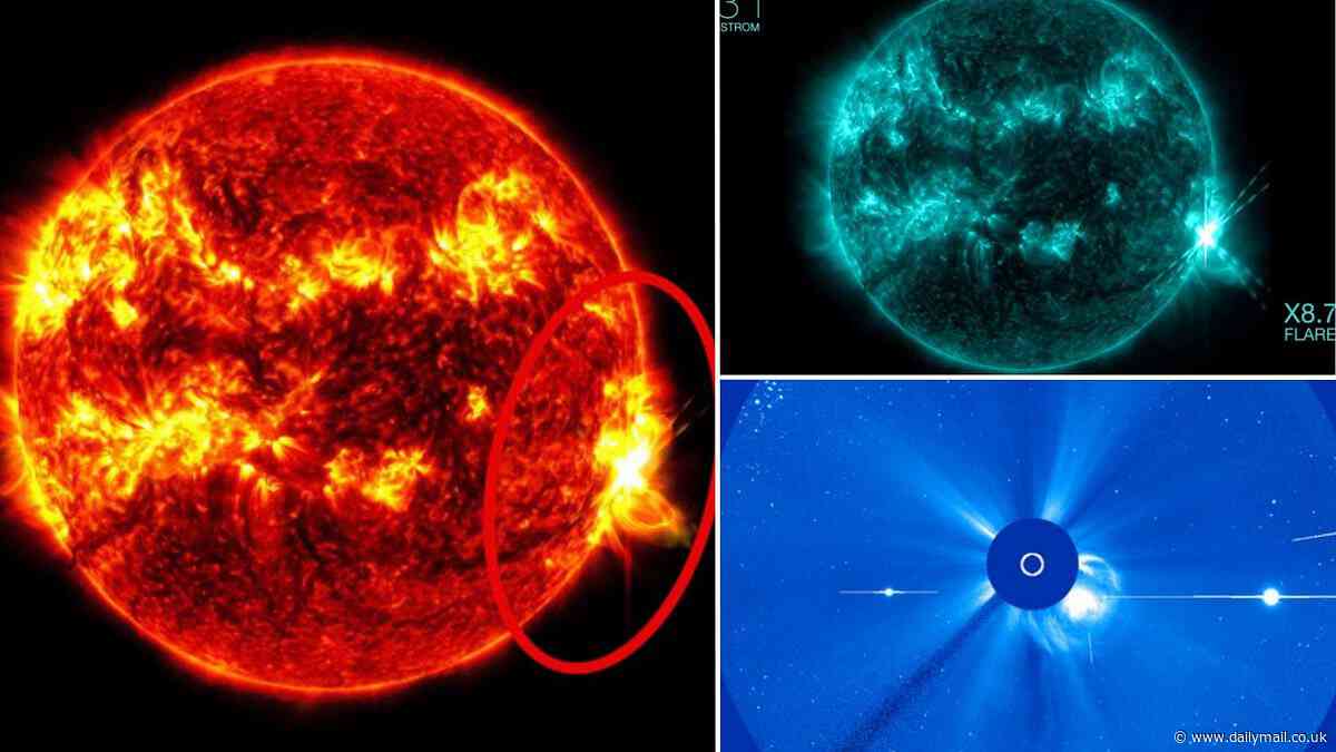 Watch the moment the Sun launched its strongest solar flare in half a DECADE towards Earth - as scientists warn it could wreak havoc on radios and GPS satellites