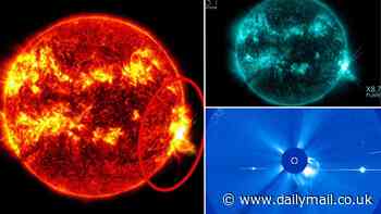 Watch the moment the Sun launched its strongest solar flare in half a DECADE towards Earth - as scientists warn it could wreak havoc on radios and GPS satellites