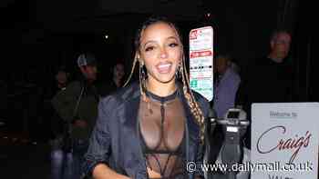 Tinashe's sheer ripped top flashes her black bra as she adds tiny silk shorts while leaving Craig's in West Hollywood