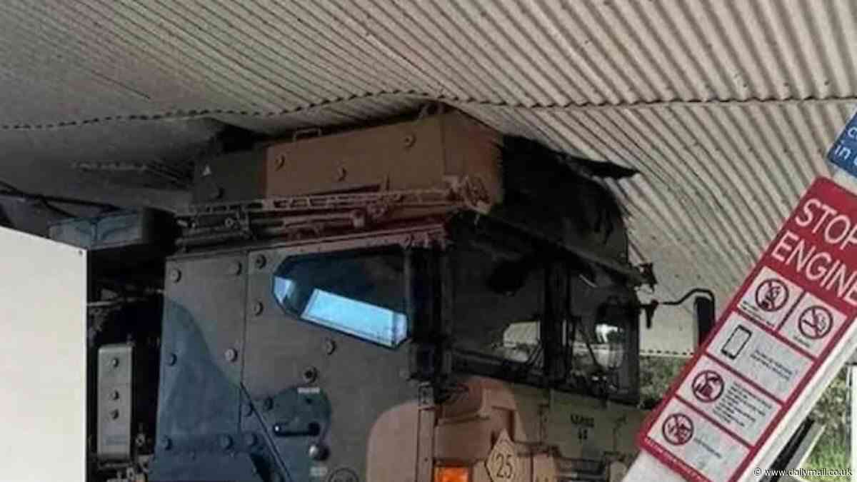 Sarina, Queensland: Aussie soldier left red-faced after disastrously crashing a military truck into a service station