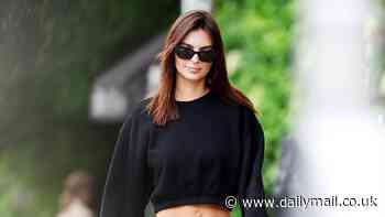 Emily Ratajkowski flashes her washboard abs in a cropped black sweatshirt as she takes a stroll in NYC