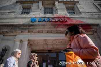 Brighton Barclays bank painted red for Palestine Israel ties