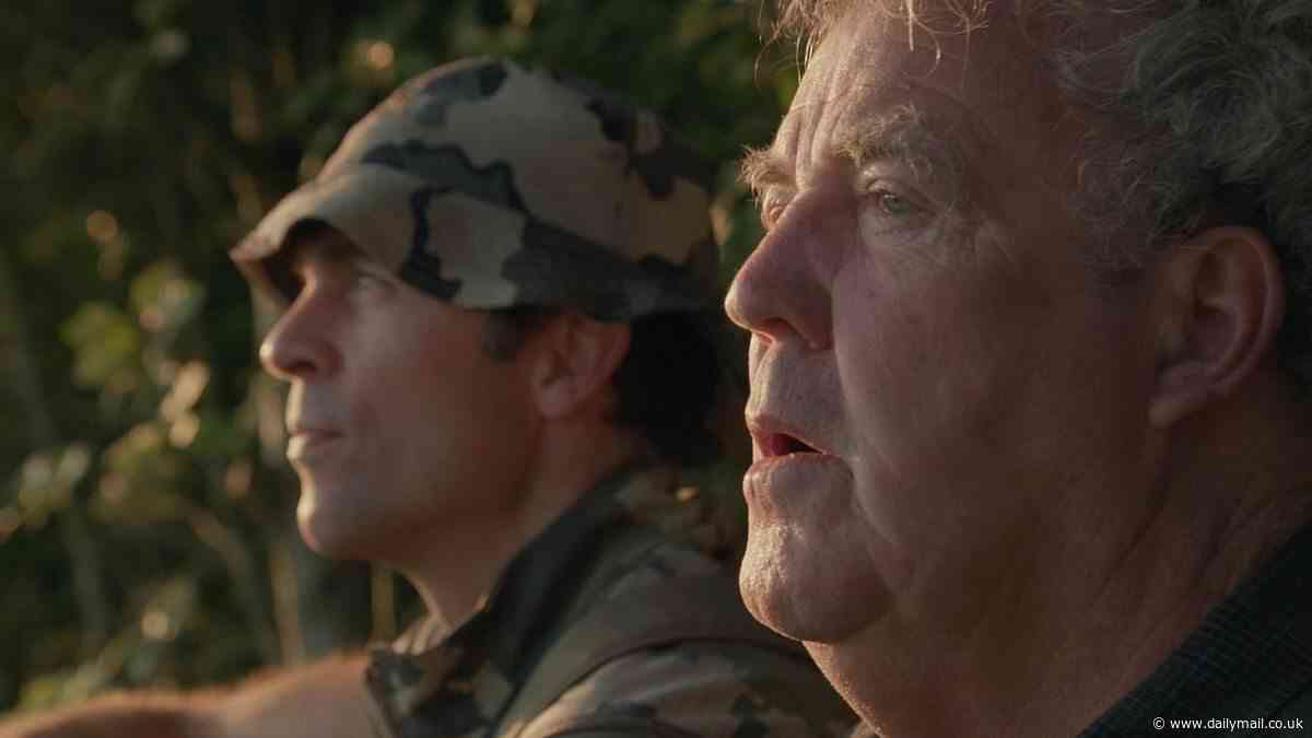 A message for Montecito? Prince Harry's childhood friend Hugh van Cutsem teaches Jeremy Clarkson how to shoot deer on Clarkson's Farm - despite Duke slamming presenter for Meghan article