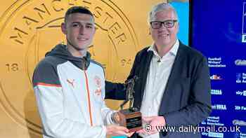 Phil Foden picks up his FWA Footballer of the Year trophy after spearheading Man City's Premier League title tilt... as frontrunners sit in pole position ahead of the season's final day