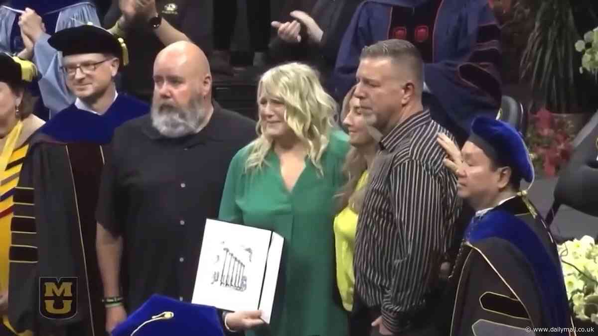 Riley Strain's parents emotionally accept his University of Missouri diploma to a standing ovation two months after his mystery death