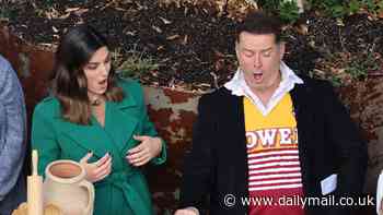 Sarah Abo cuts a chic figure in an emerald coat as she shares a laugh with her Today co-host Karl Stefanovic during wild cooking segment