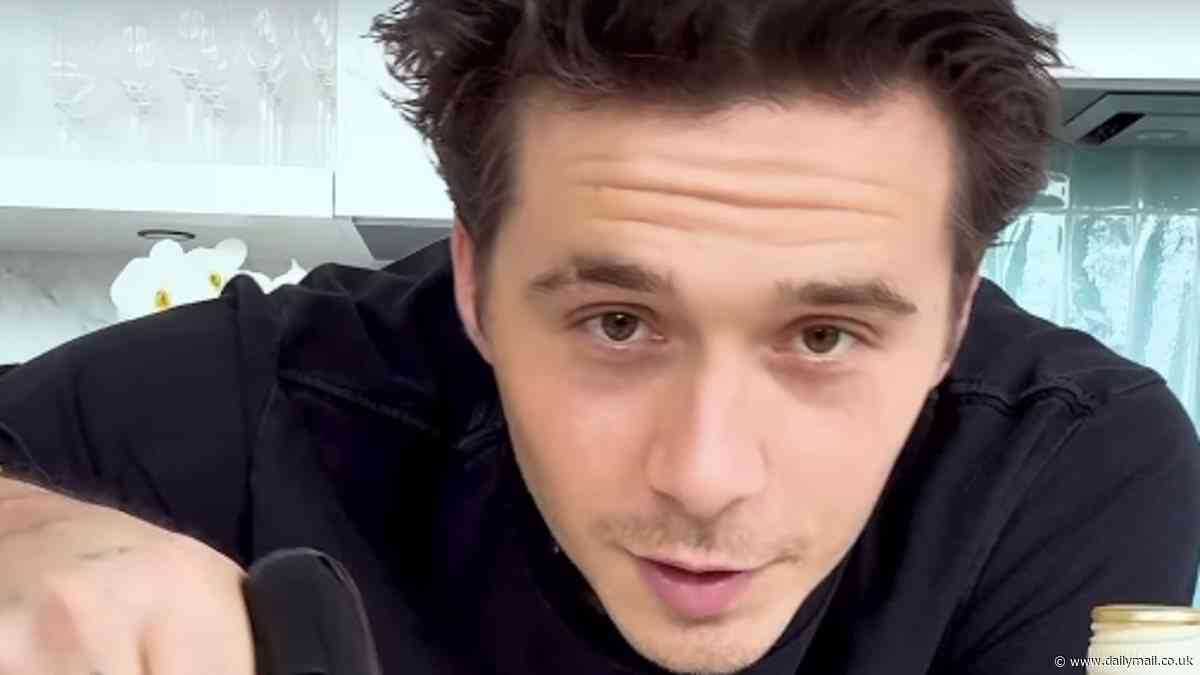 Brooklyn Beckham uses a blowtorch to roast marshmallows while creating a boozy take on the classic s'more in his latest cooking clip