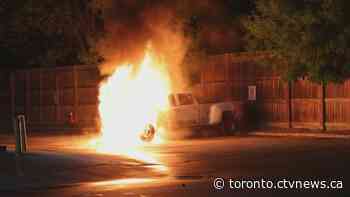 Truck engulfed in flames with owner on scene in Scarborough