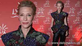 Cate Blanchett looks chic in quirky fruit-print top and leather trousers as she attends Cannes Film Festival afterparty for her new flick Rumours