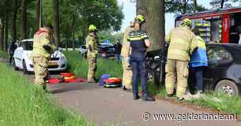 Auto knalt hard tegen boom in Velp, traumahelikopter landt voor eerste hulp