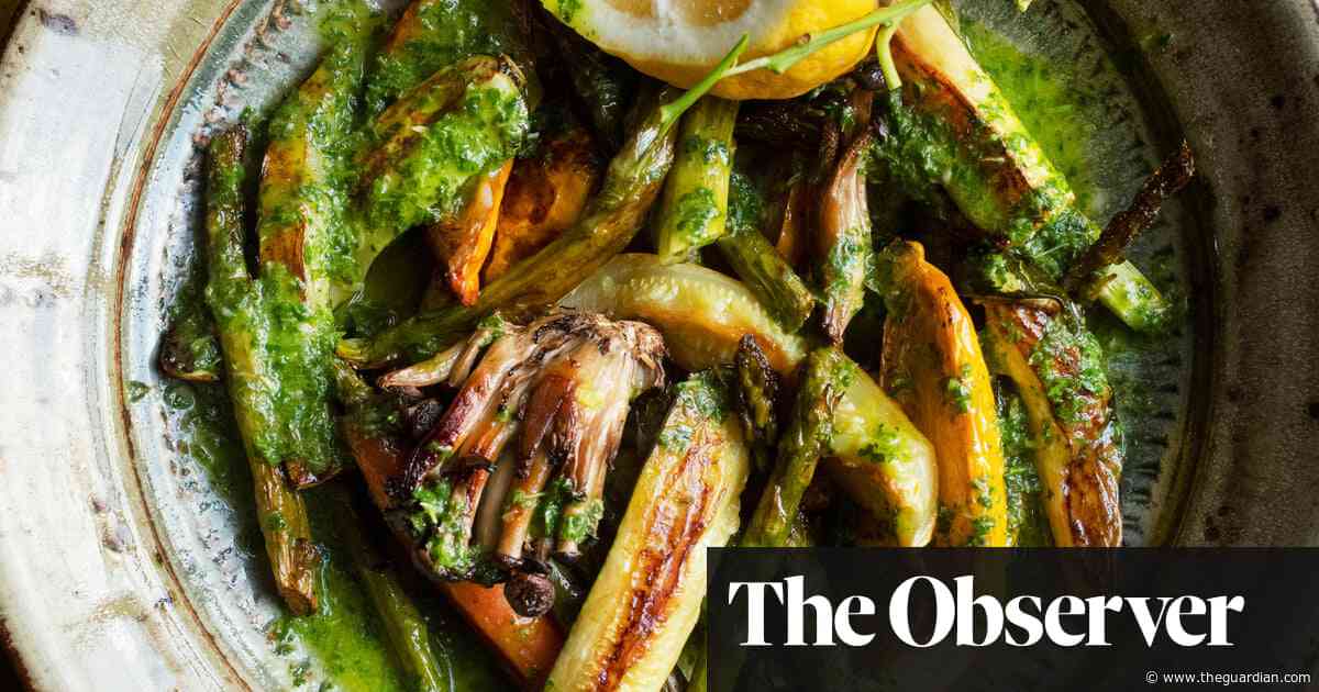 Nigel Slater’s recipes for roast spring vegetables, tarragon and lemon dressing, and chicory with basil and honey vinaigrette