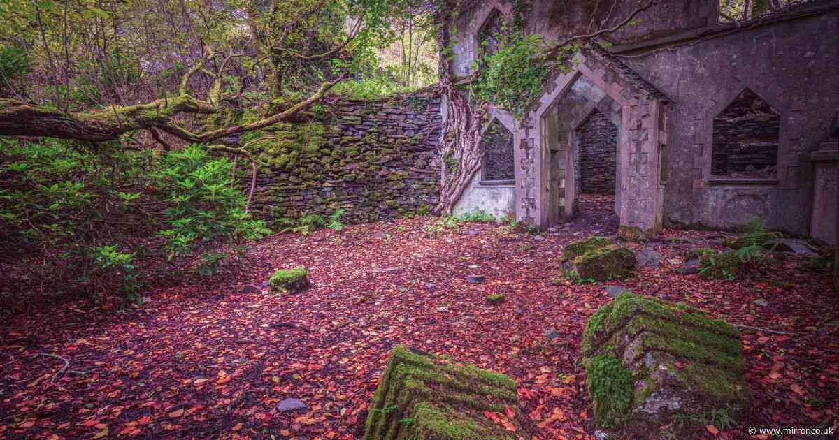 Inside village abandoned a century ago with overgrown ruins and defunct steam engine
