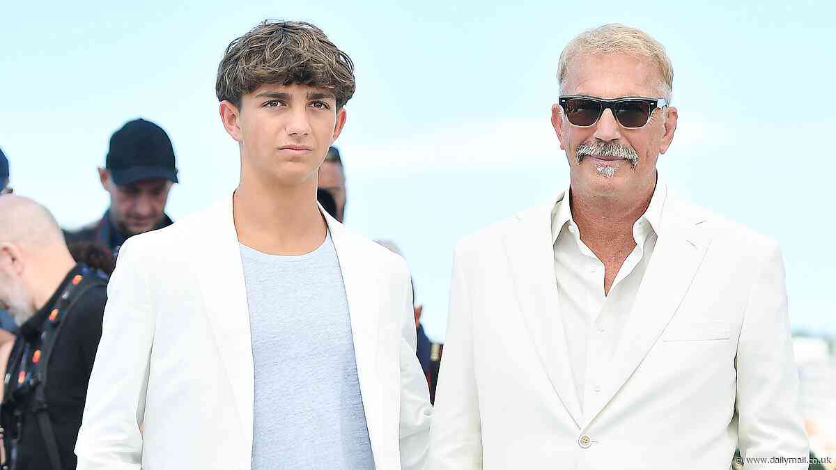 Kevin Costner is every inch the proud dad as he poses with son Hayes, 15, at Horizon: An American Saga photocall during Cannes ahead of his acting debut in the Western