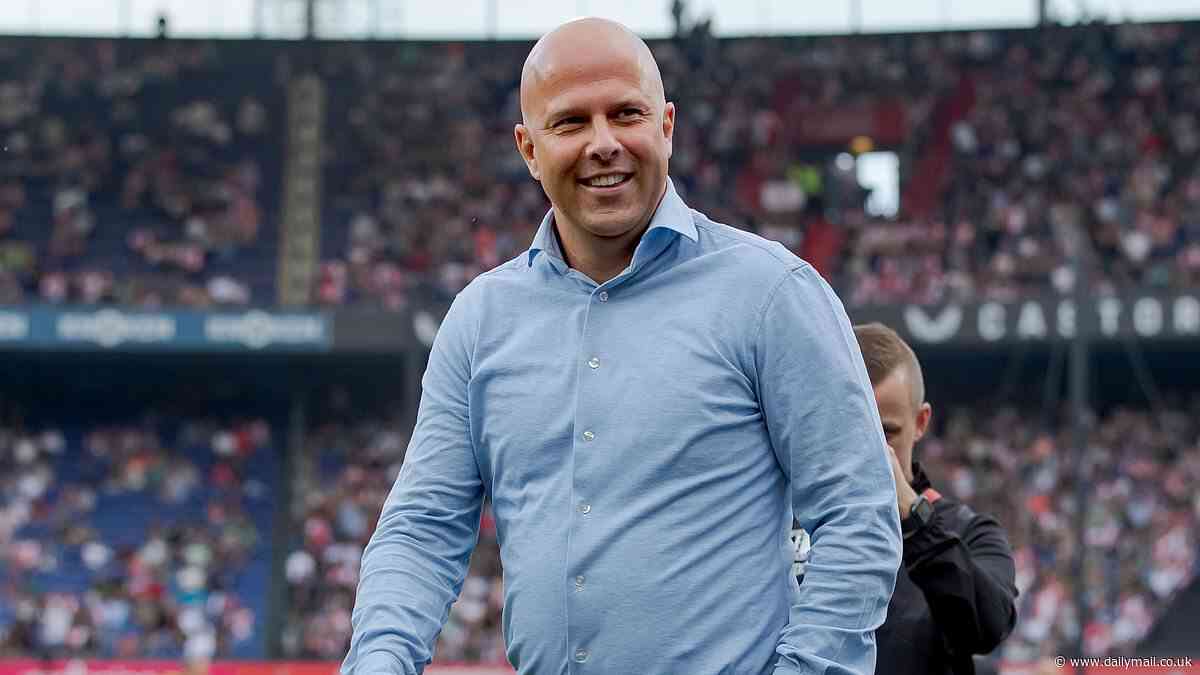 Feyenoord pay tribute to incoming Liverpool manager Arne Slot on final day of Dutch season... as fans unveil gigantic 'WALK ON' banner devoted to him