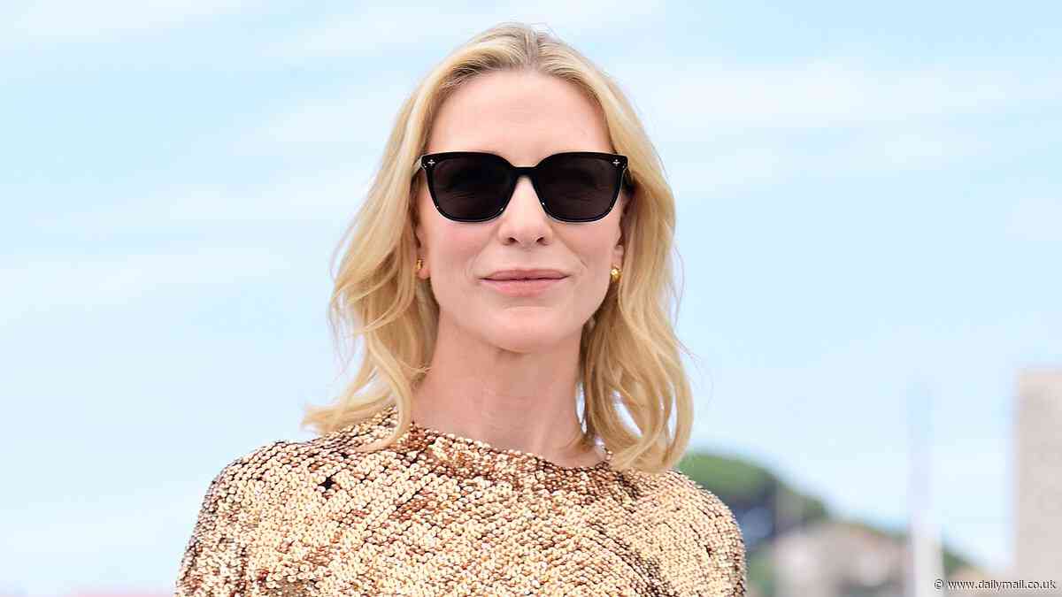 Cate Blanchett dazzles in a gold sequined blouse at Cannes Film Festival as she leads the stars at a photocall for her movie Rumours
