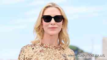 Cate Blanchett dazzles in a gold sequined blouse at Cannes Film Festival as she leads the stars at a photocall for her movie Rumours