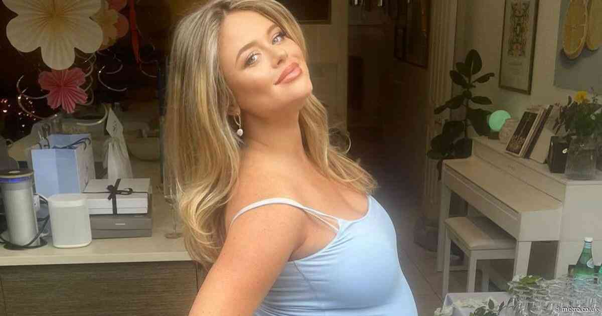 Emily Atack is radiant in blue at baby shower after surpassing due date