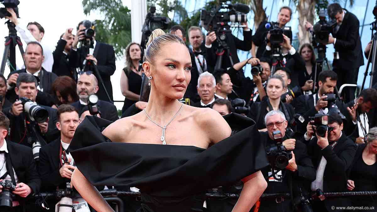 Candice Swanepoel stuns in a form-fitted off-the-shoulder gown as she attends the star-studded 77th annual Cannes Film Festival premiere of Horizon: An American Saga
