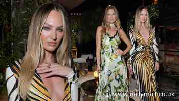 Candice Swanepoel shows off her cleavage in a plunging silk evening dress as she joins glamorous Toni Garrn at Roberto Cavalli's celebratory dinner in Cannes