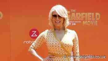 Hannah Waddingham stays on theme in a bright orange geometric print minidress as she attends the Garfield premiere in Hollywood