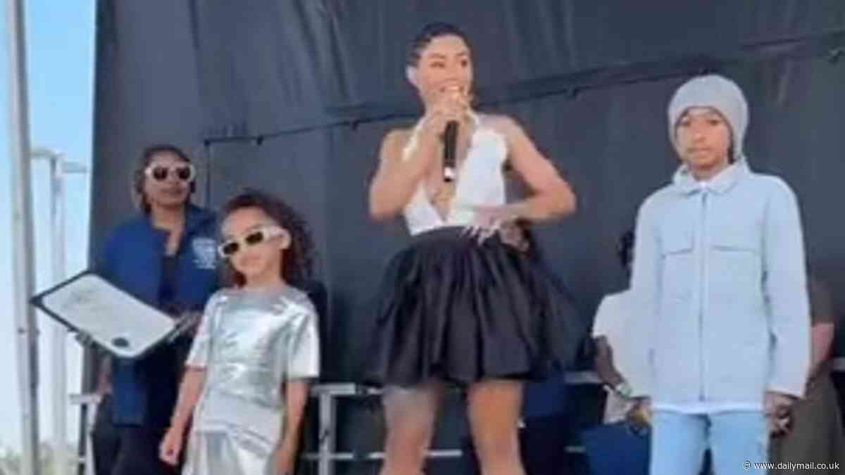 Blac Chyna makes rare public appearance with  children Dream Kardashian, 7, and King Cairo, 11, on stage as she accepts the Transformation Award in LA