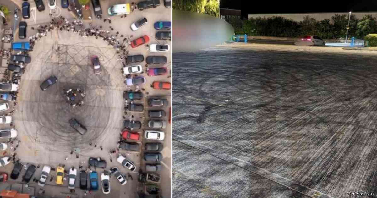 Aerial images show extent of car park damaged by drivers doing doughnuts