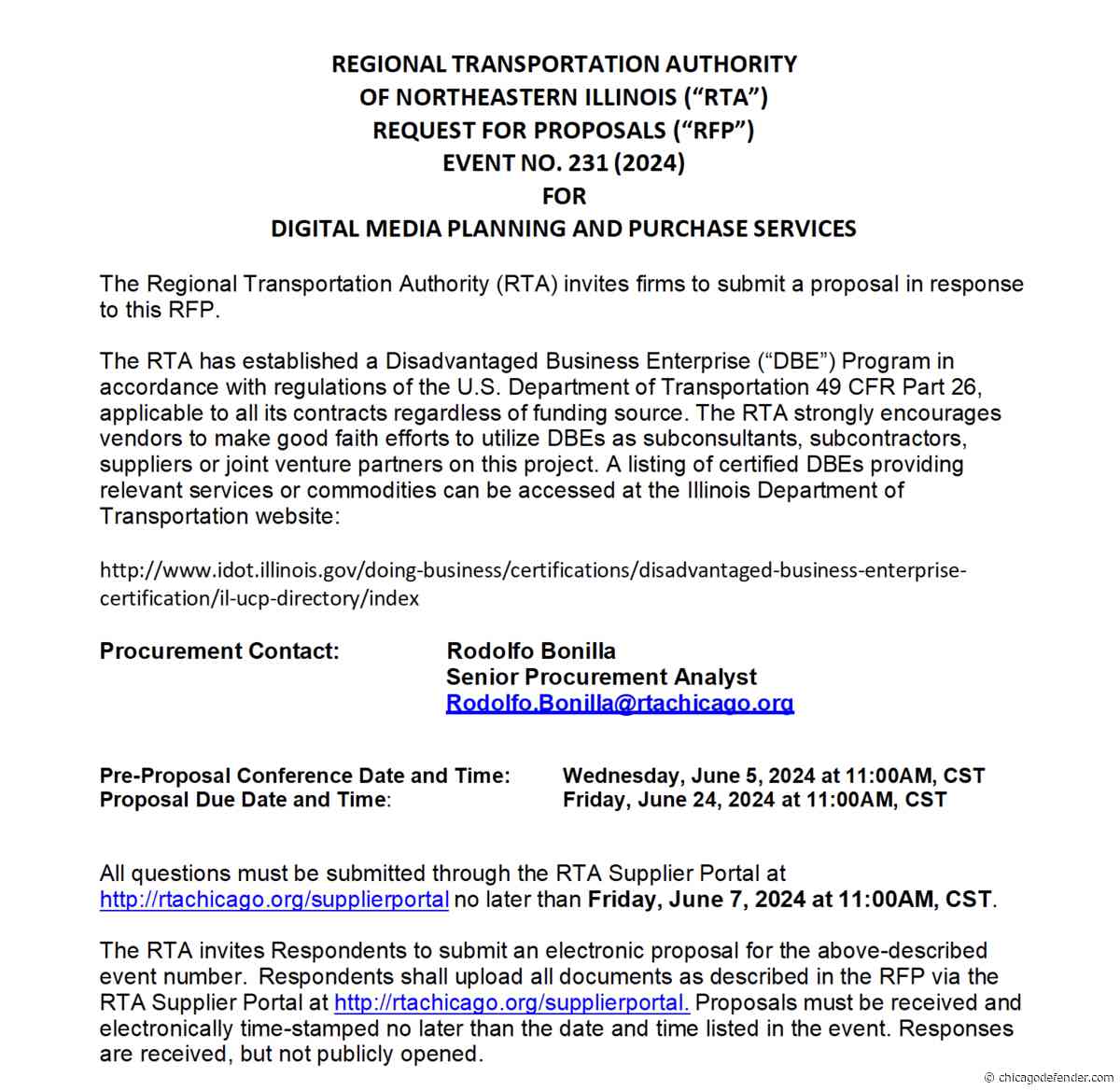 REGIONAL TRANSPORTATION AUTHORITY OF NORTHEASTERN ILLINOIS (“RTA”) REQUEST FOR PROPOSALS