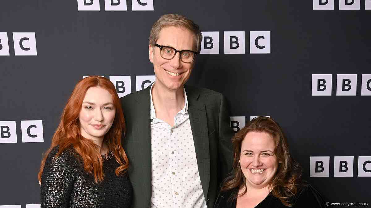 Eleanor Tomlinson puts on a leggy display in sparkly black minidress as she joins co-stars Stephen Merchant and Jessica Gunning at special screening of The Outlaws series three