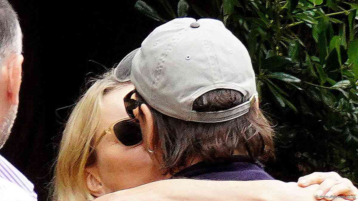 Kate Moss kisses close friends Alister Mackie and Simon B. Morch goodbye during trip to France  - amid claims her relationship with Count Nikolai von Bismarck is 'on and off'