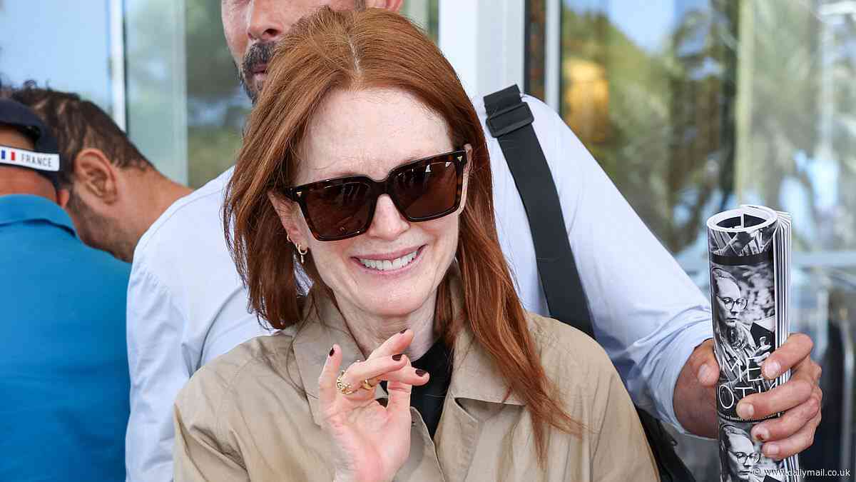 Julianne Moore wraps up in a tan jacket while Uma Thurman looks chic in a boiler suit as they step out during Cannes Film Festival