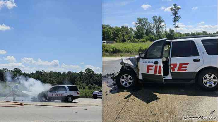 Baton Rouge Fire vehicle catches fire after wreck in Central